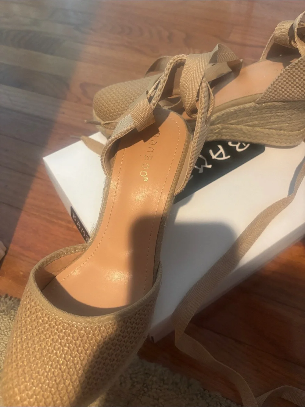 BAMBOO Tan Woven Ankle-Tie Wedge Espadrilles
